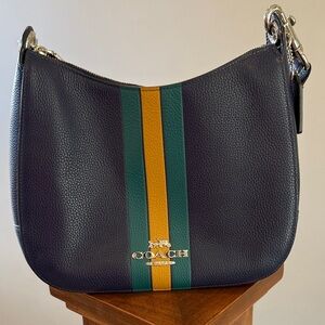 Coach Dark Blue Leather Shoulder Bag with Colorful Stripes